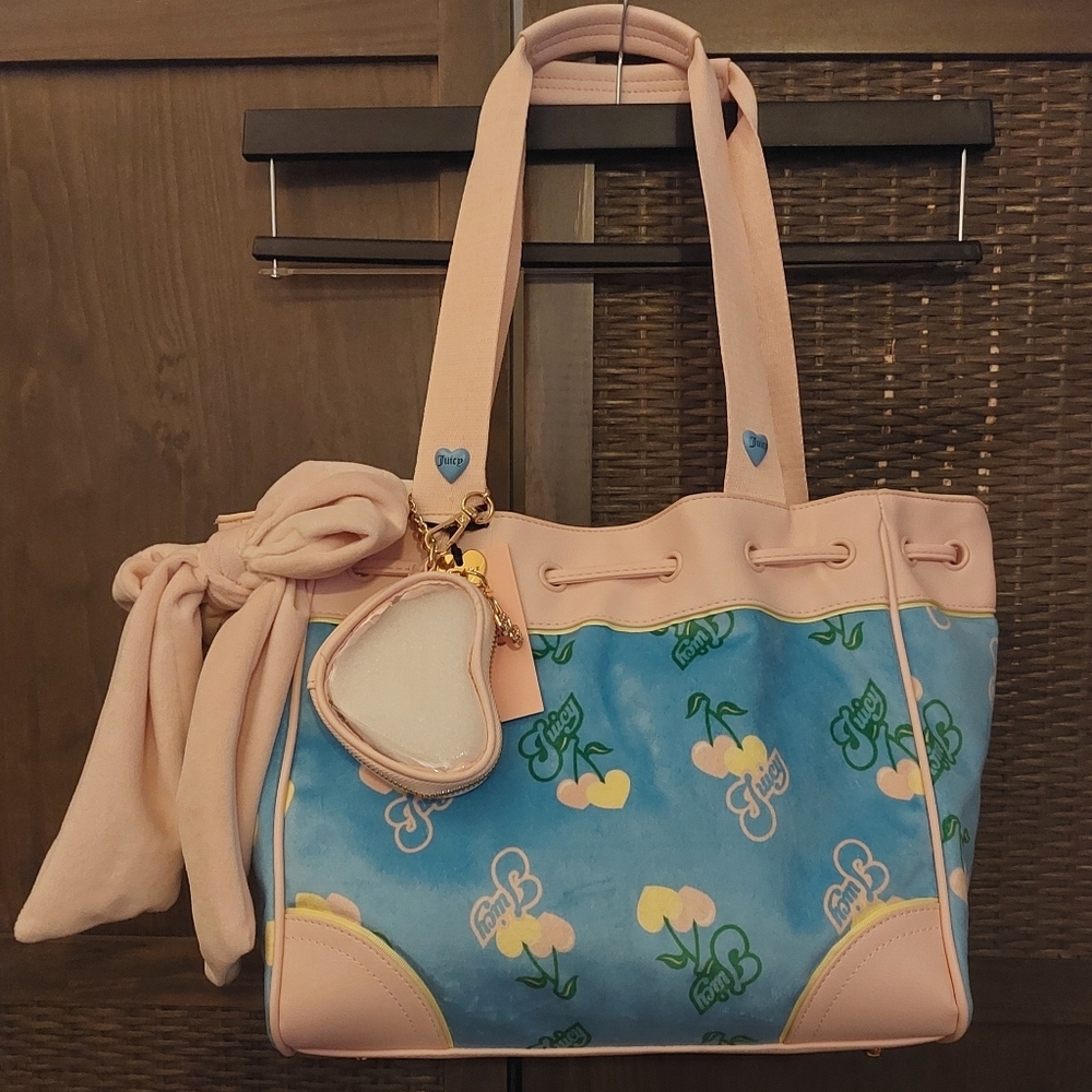 Juicy Couture Retro Juicy Cherry Print Daydreamer Tote Bag Purse Blue Gleam NWT